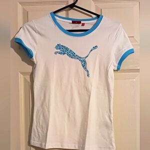 Puma White T-shirt with Blue Glitter/Metallic Puma Logo